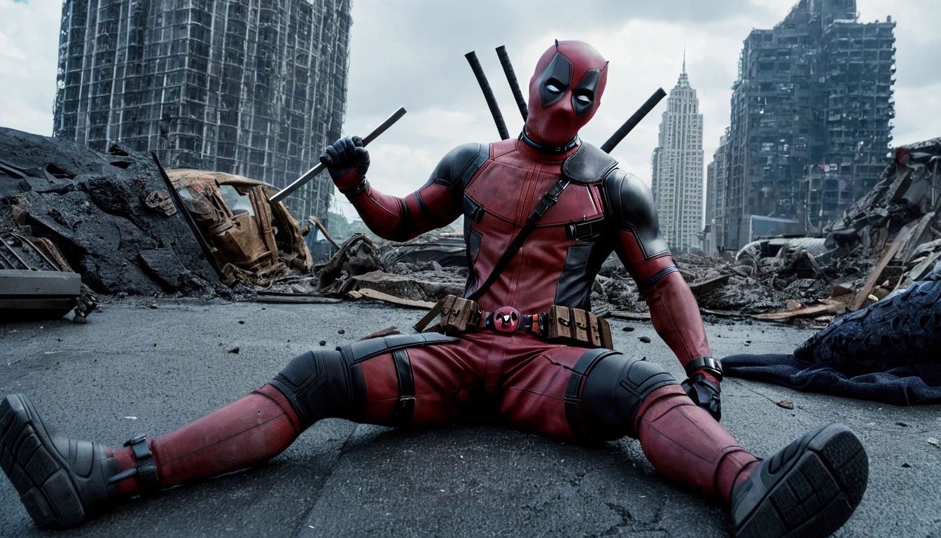 Very detailed,Deadpool,Battle against Black Panther,Intricate details,There are other superheroes in the distance,Collapsed streets,of war,