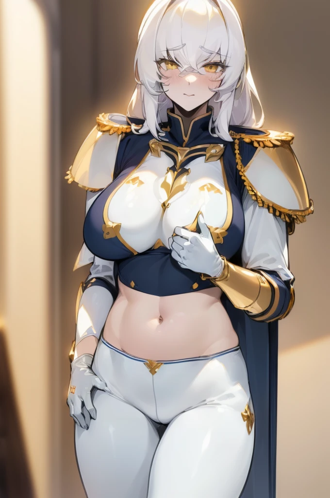 {masterpiece, distinct_image, extremely detailed CG, (extremely detailed fine touch:1.2),beautiful eyes and detailed face, (white_light, light rays, dappled light, ray tracing:1.2), photo realistic, 4k, 8k, high_resolution, (perfect_finger:1.5), (beautiful_detailed_eyes:1.3), glitter, white_light, (glow_white_face, front_light:1.3),{1girl, face_focus, looking for_in_viewer, cowboy_shot, standing},{adult,curvy, (huge_breasts, wide_hip:1.3),thigh_gap, groin, narrow waist, skinny stomach,(knight uniform for women, white gloves, golden epaulettes, Image of knight's uniform: color block design with white chest and navy belly, white bottoms:1.7),(white hair, long hair, yellow eyes, bangs:1.3)}