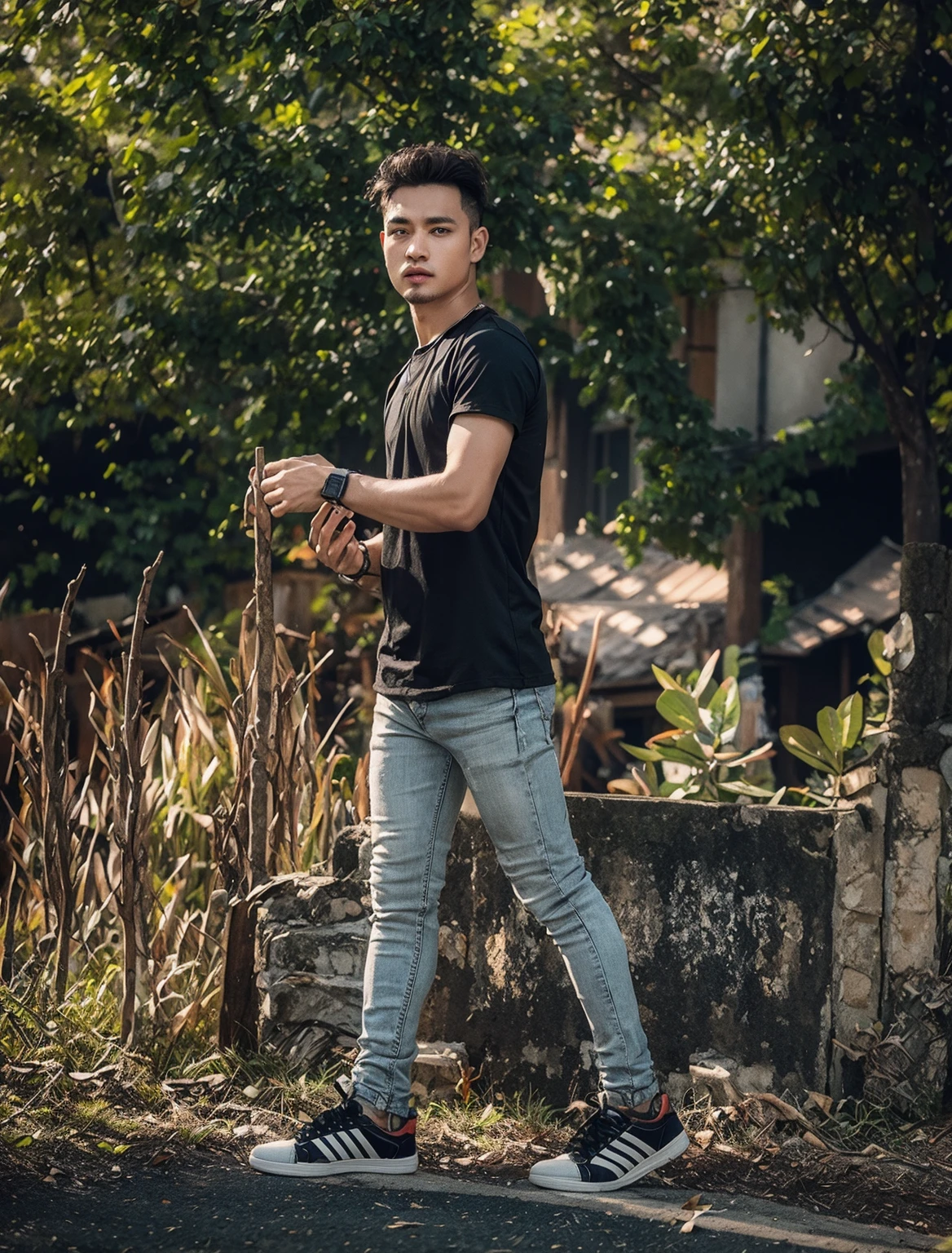 Change background house building sky light and yallow color shirt black pant and hair styles and day click photo handsome boy cute boy realistic face hd photo ultra high quality 4k photo
