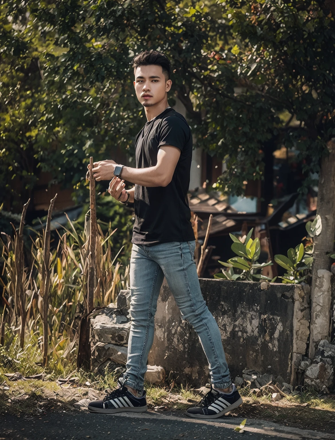 Change background house building sky light and yallow color shirt black pant and hair styles and day click photo handsome boy cute boy realistic face hd photo ultra high quality 4k photo