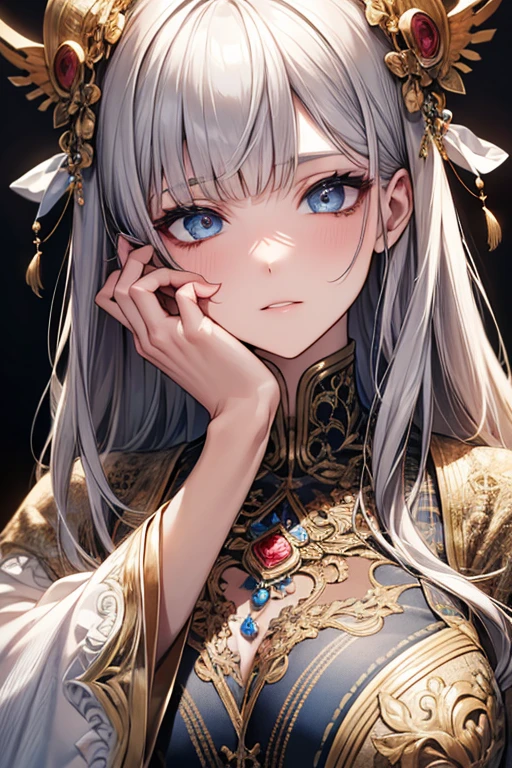 (Absurd、High resolution、Ultra-detailed)、Mature Woman、Gray Hair、Hair length、Blunt bangs、blue eyes、dress、Long sleeve、Detailed eyes and face、Intricate details、Blake Mosaic Art、Complex patterns、Durable surface、Intricate details、Zoomed in texture、Amazing clarity、Hidden Beauty、 Artisan-made creations、Handmade products、Unique Design、Intricate details、Creative Expression、Expert craftsmanship、Huge 、Best Style