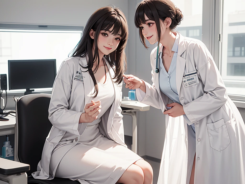 Doctor, 1 woman, solo, sitting (Looking at the audience), (white lab coat:1.5), long skirt ,Stylish clothes mature woman /(dark brown hair/) Bangs, smiling kindly (The best quality masterpiece:1.2) , Delicate illustrations, Special details, (hospital examination room) In the building, desk (X-ray image of the lungs:1.2) Detailed background