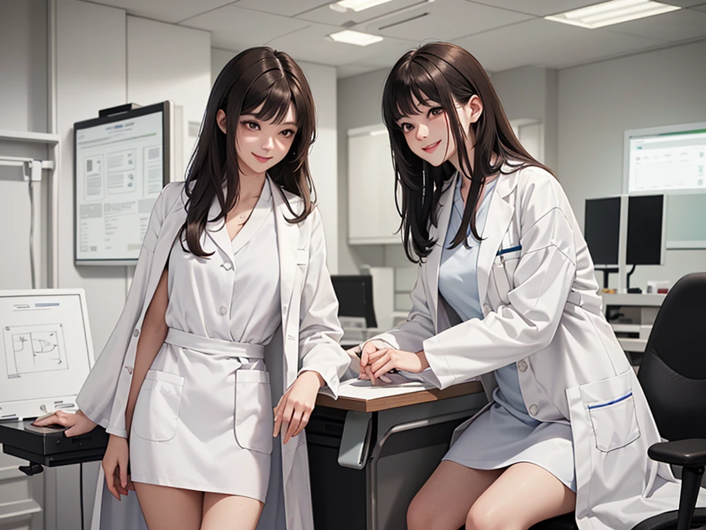 Doctor, 1 woman, solo, sitting (Looking at the audience), (white lab coat:1.5), long skirt ,Stylish clothes mature woman /(dark brown hair/) Bangs, smiling kindly (The best quality masterpiece:1.2) , Delicate illustrations, Special details, (hospital examination room) In the building, desk (X-ray image of the lungs:1.2) Detailed background