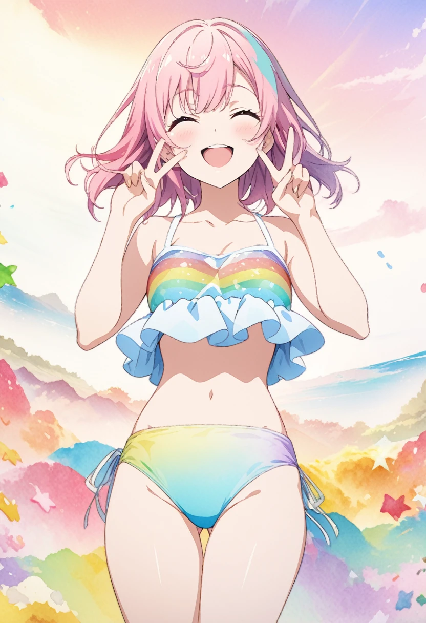 masterpiece, Highest quality, Highly detailed CG Unity 8K wallpapers, High School Girl Anime Illustration. She is wearing a rainbow-colored swimsuit、She is making a peace sign、Pink Hair、she has her eyes closed and mouth open, smile. The background is a light pastel colored landscape、Watercolor digital art, I'm a little embarrassed