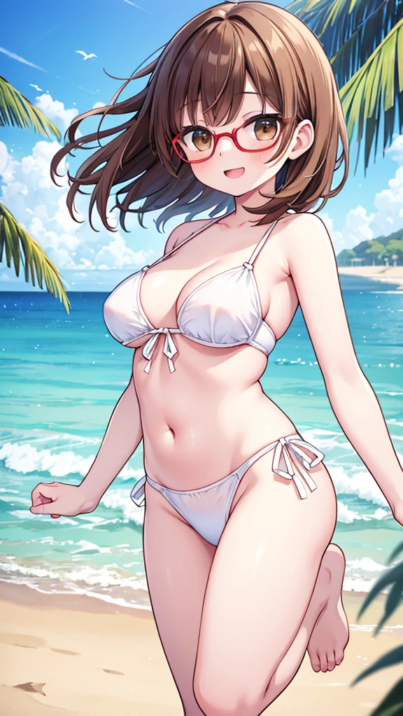 Jump、fun、smile、mischief、Expectations、surprise、Shyness、Sandy Beach、Midsummer、sun、Ocean、blue sky、Daytime、pretty girl , Shooting from below, One Girl, Brown Hair、Very short hairstyle, Brown eyes、Red frame glasses、A soft-looking body、White skin、White Bikini,Highest quality, 4K, 8k, High resolution, masterpiece:1.2, Very detailed, Realistic, photoRealistic, photo-Realistic:1.37, High resolution, 超High resolution, Studio Lighting, Ultra-Okay painting, Sharp focus, Physically Based Rendering, Very detailed説明, Professional, Vibrant colors, Bokeh