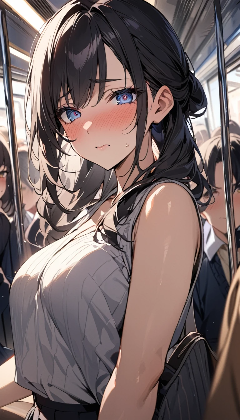 masterpiece, High resolution, perfect face, Japan beauties, 30 years old, beautiful face, in the crowded train, high school student, embarrassed look, look at the camera, (top quality eyes), detailed texture, Look at me, Married woman, cool women, ((high resolution eyes)), hentai