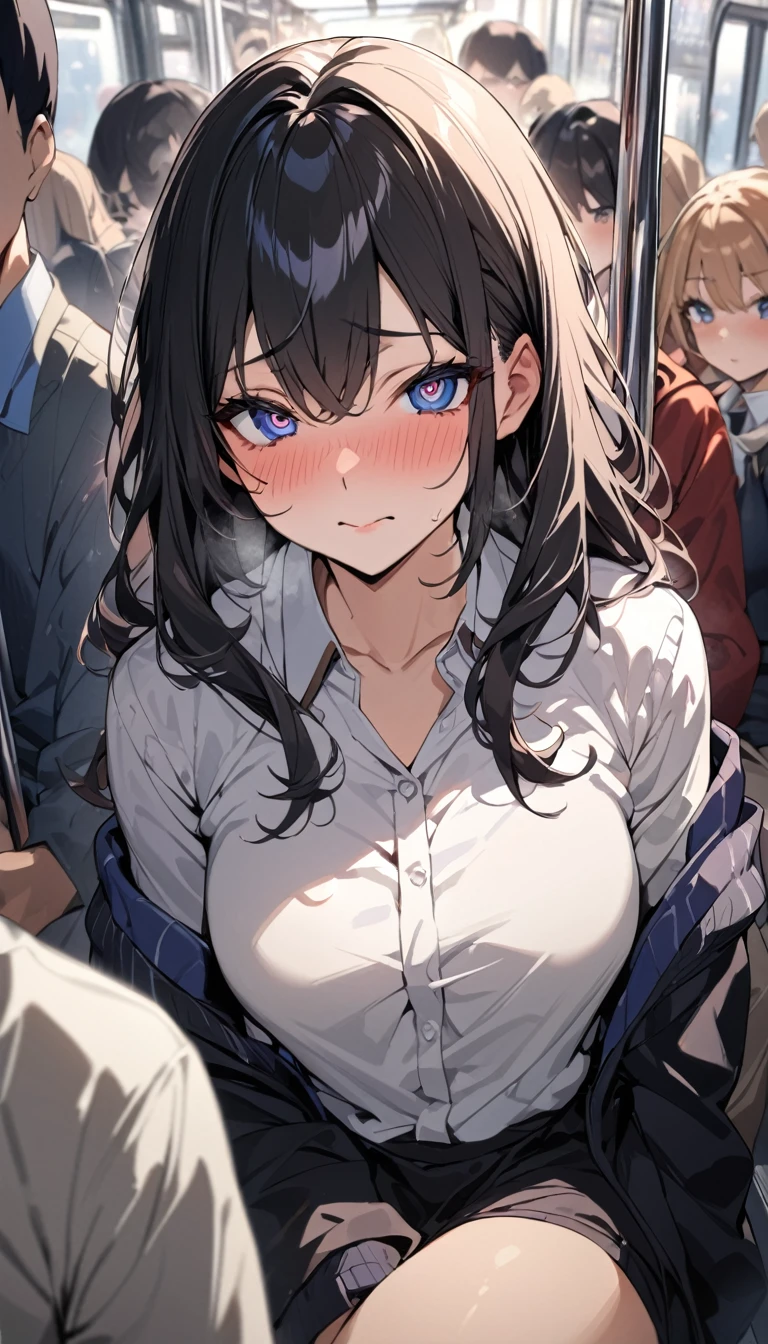 masterpiece, High resolution, perfect face, Japan beauties, 30 years old, beautiful face, in the crowded train, high school student, embarrassed look, look at the camera, (top quality eyes), detailed texture, Look at me, Married woman, cool women, ((high resolution eyes)), hentai