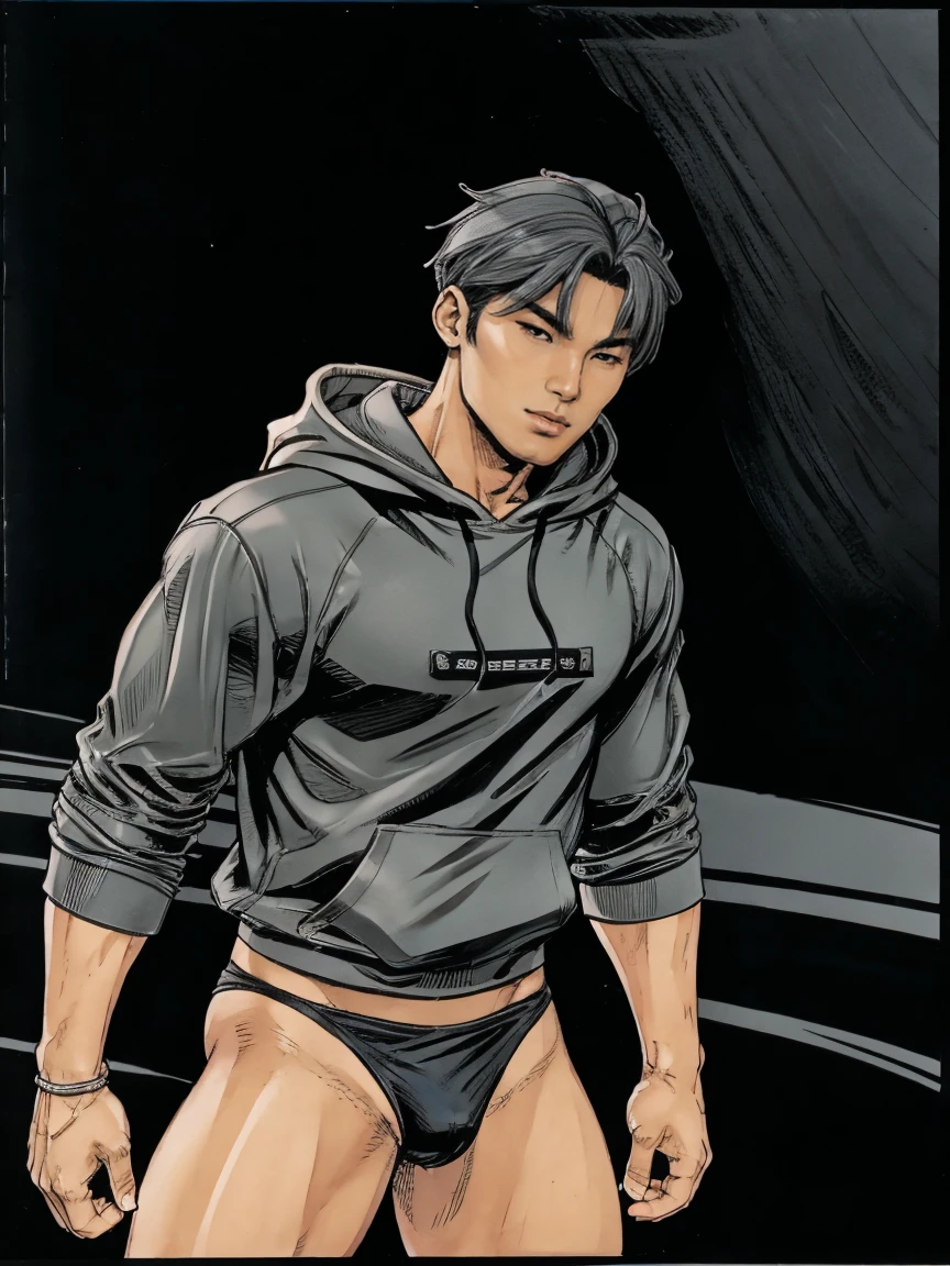 One muscular asian boy, ash cool tone hoodie, Black Bike micro ?????, ash grey hair, comic artstyle 2D