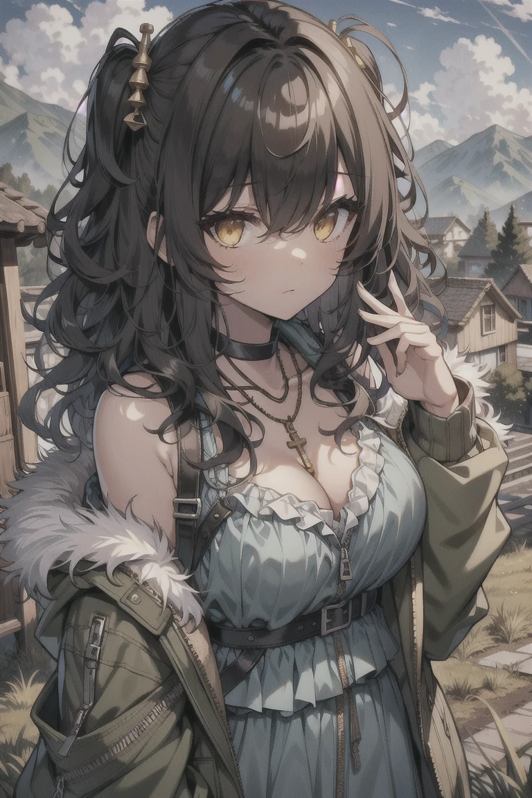 (masterpiece:1.2), (high quality:1.2), girls with((black hair, yellow eyes, (wavy long hair, one side up:1.52), bare shoulders, breasts, choker, cleavage, coat, collar, collarbone, cowboy shot, dress, blue clothes, camisole, (rosary, rosary choker, cross:0.7), necklace, fur, fur collar, fur trim, hood down, hooded jacket, hoodie, jacket, large breasts, long hair, long sleeves, black belt, suspenders, medium breasts, medium hair, necklace, open clothes, open hoodie, sleeveless, solo, winter clothes, zipper, cleavage, upper body, hand up, waving, palm)), background with((architecture, blue sky, bush, castle, village, no humans, cloud, cloudy sky, day, field, garden, grass, hill, house, lamppost, landscape, mountain, mountainous horizon, nature, no humans, outdoors, scenery, shrine, sky))
