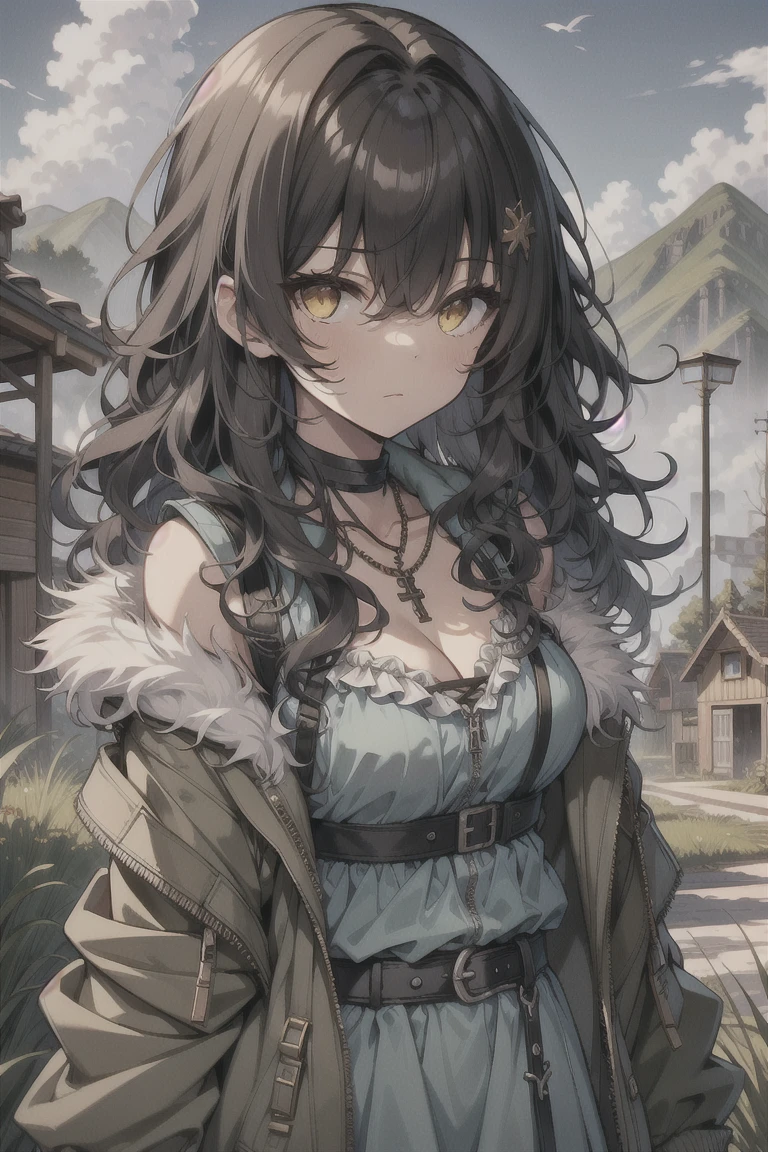 (masterpiece:1.2), (high quality:1.2), girls with((black hair, yellow eyes, (wavy long hair, one side up:1.52), bare shoulders, breasts, choker, cleavage, coat, collar, collarbone, cowboy shot, dress, blue clothes, camisole, (rosary, rosary choker, cross:0.7), necklace, fur, fur collar, fur trim, hood down, hooded jacket, hoodie, jacket, large breasts, long hair, long sleeves, black belt, suspenders, medium breasts, medium hair, necklace, open clothes, open hoodie, sleeveless, solo, winter clothes, zipper, cleavage, upper body, hand up, waving, palm)), background with((architecture, blue sky, bush, castle, village, no humans, cloud, cloudy sky, day, field, garden, grass, hill, house, lamppost, landscape, mountain, mountainous horizon, nature, no humans, outdoors, scenery, shrine, sky))