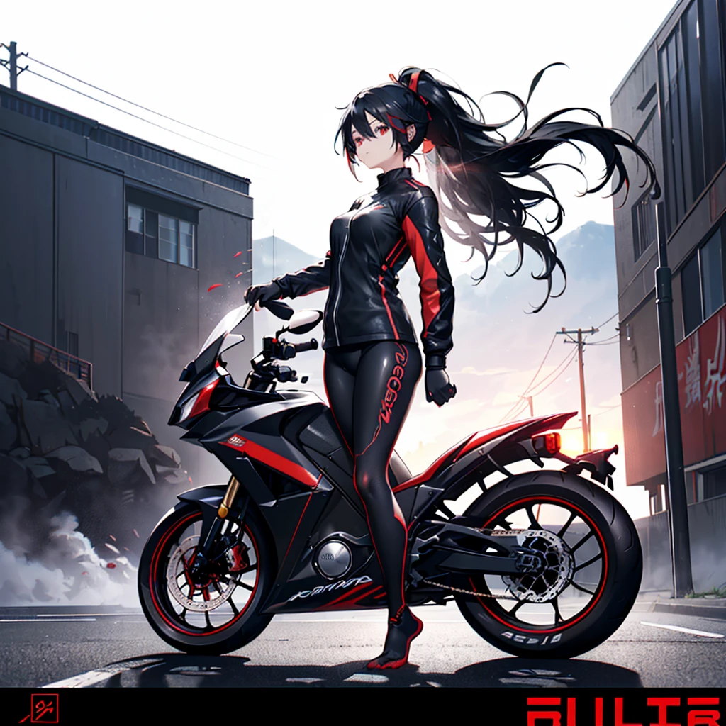 ((((Female rider、forward leaning posture Full Body Tights、Black Red Motorcycle、get on)))) (((Black Hair、ponytail、Blowing in the Wind Bright red eyes))) ((Expressway、Light、Light)) Shining Edge Shining Background