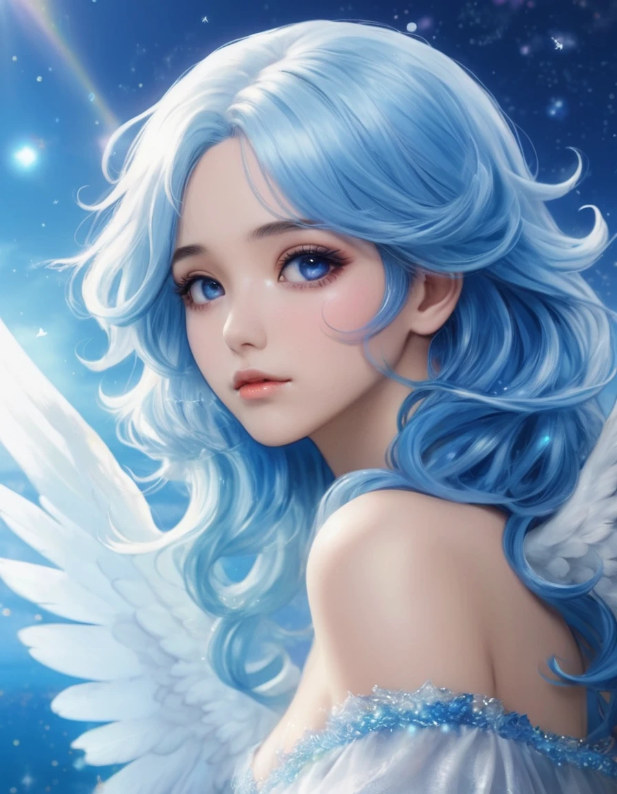 Sky woman with blue hair and angel wings, Beautiful angel少女の, ArtJam on artstation pixiv, ig model | ArtJam, extremely detailed ArtJam, ! dream ArtJam, ArtJam. Anime illustration, ArtJam. Attention to detail, Beautiful angel, like ArtJam, Fantasy art style