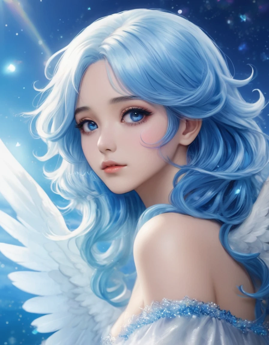 Sky woman with blue hair and angel wings, Beautiful angel少女の, ArtJam on artstation pixiv, ig model | ArtJam, extremely detailed ArtJam, ! dream ArtJam, ArtJam. Anime illustration, ArtJam. Attention to detail, Beautiful angel, like ArtJam, Fantasy art style