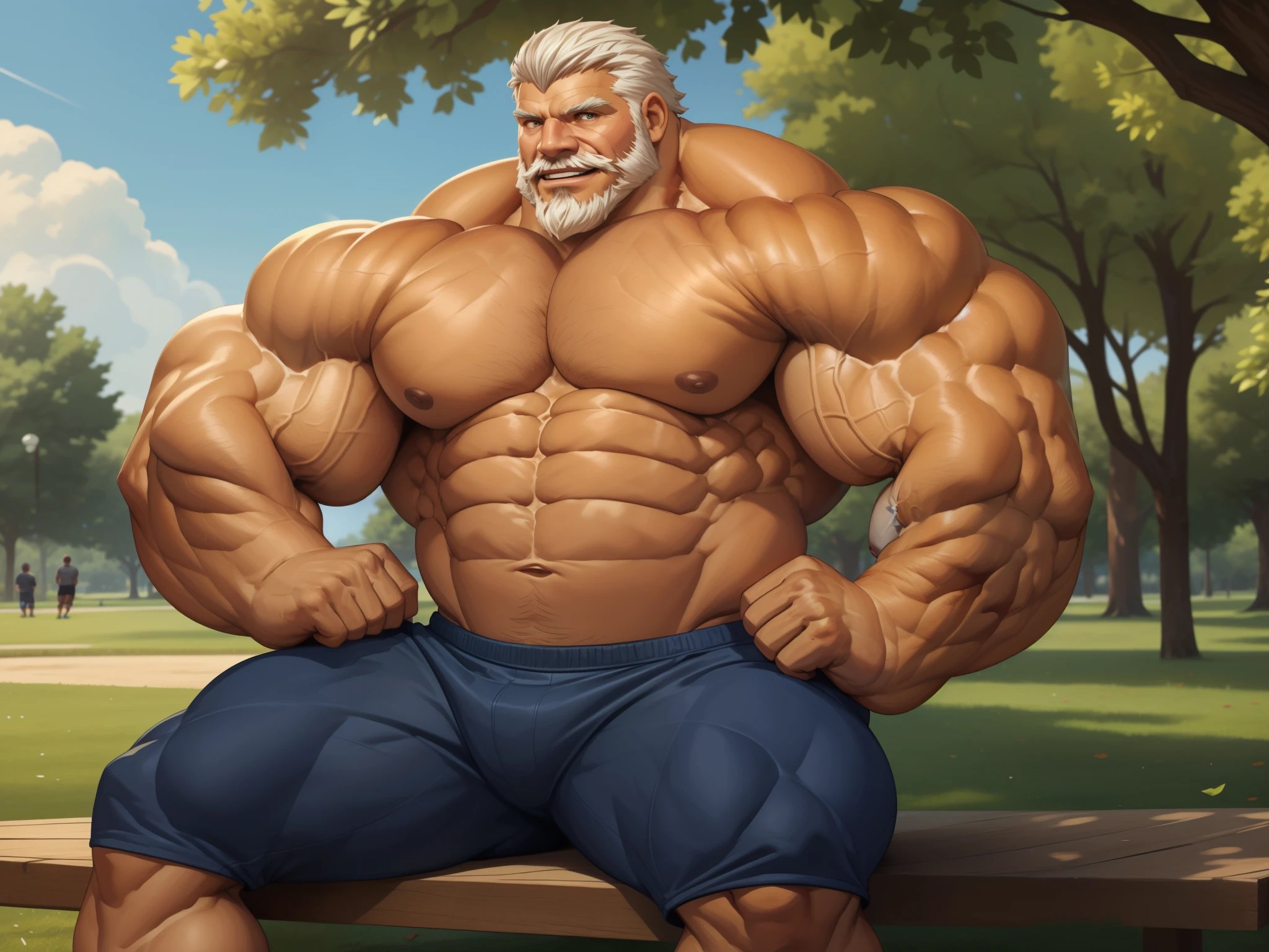 huge muscular old man , park, shorts hair, sitting, happy, white hair, white beards,  masterpiece, semirealistic:1.3, high detailed, 8k, high resolution, perfect center, full view. ((sixpack, thick arms, wide pectoral, super huge muscle, hyper muscular, over sized muscle, huge arms, huge pectoral))