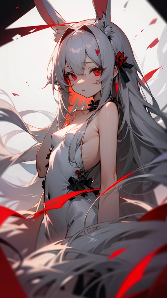 girl、Gray-haired、Long-haired、Red-eyed、Small breasts、Rabbit hair accessory、naked、 (Red eyes: 1.2)、