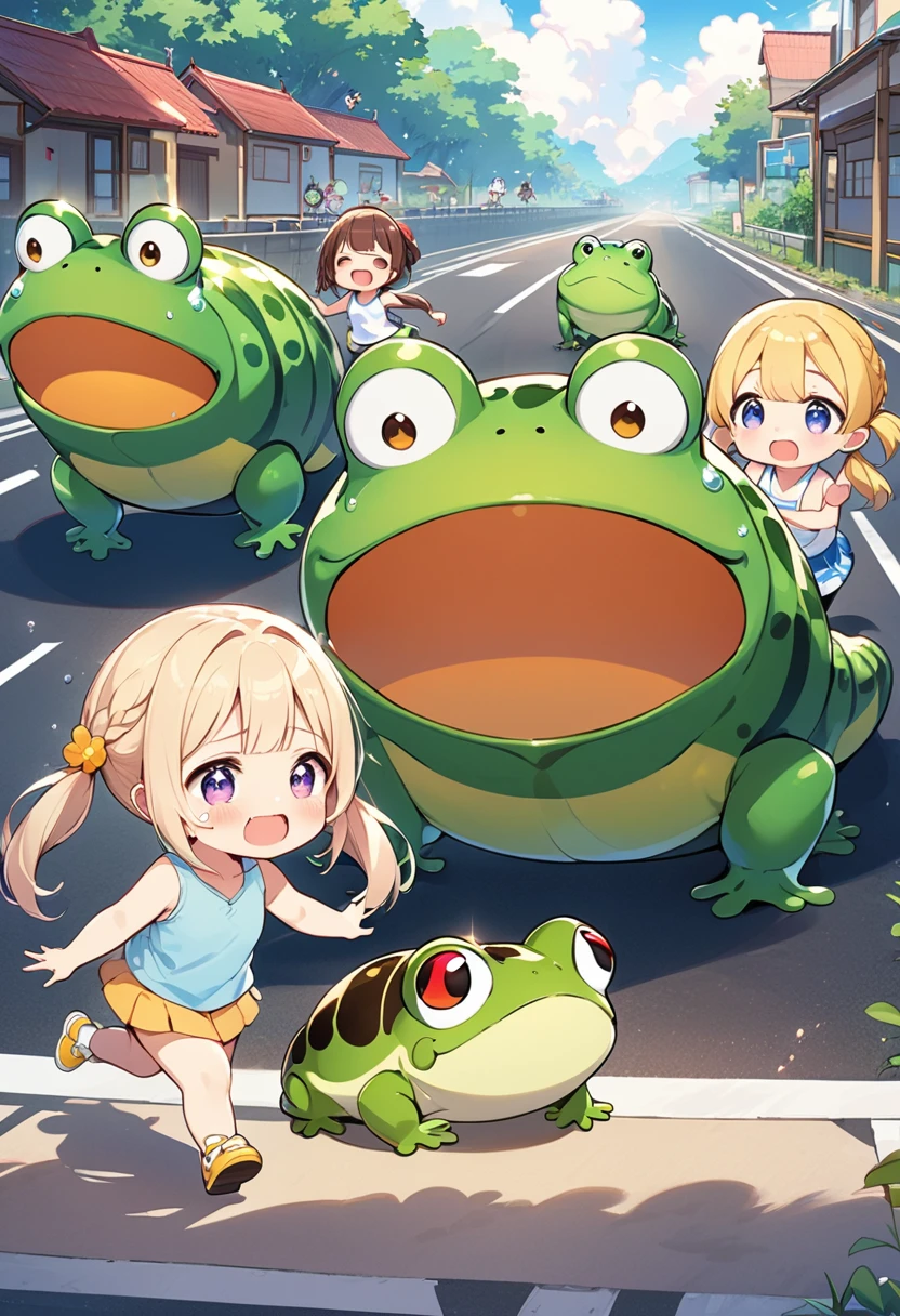 Highest quality、High resolution、Detailed Background、Beautiful face in every detail、Anatomically correct、Detailed facial expressions、fine grain、Cute hair color、Braided twin tails、Chibi Girl、Lower grade primary school students, (Tank top、Vneck、mini skirt、Cute Shoes)、Running away at full speed、(A giant caterpillar、Tens of times the size of a girl、Approaching the girl from behind、They chase after me, raising a cloud of dust.)、(A friendly frog family、Lined up on both sides of the road to cheer)、(The girl is crying、A lot of tears are about to flow、She looks like she's about to burst into tears、Photographed from the front