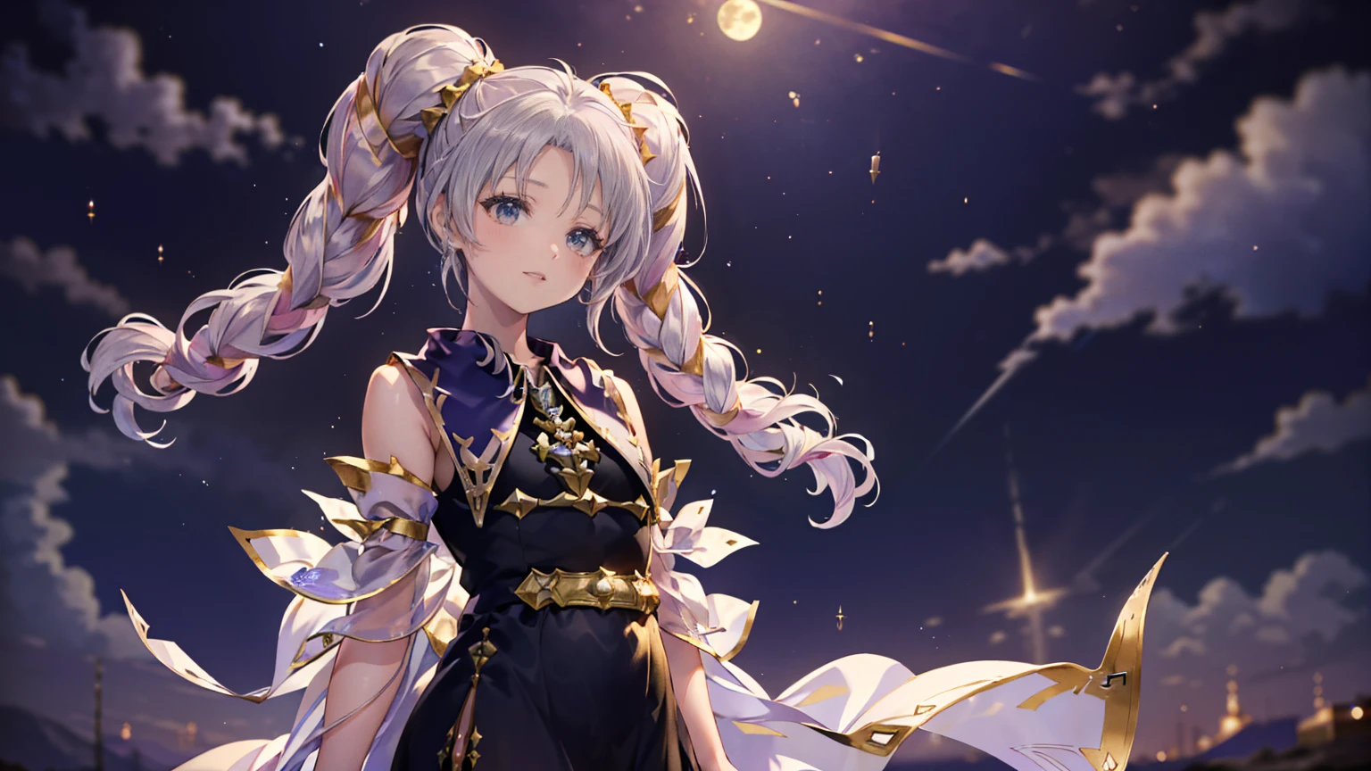 (Highest quality, masterpiece, Very detailedな, Very detailed, Exquisite, 16K,Full HD),Twin tails,Golden Ratio,Dramatic lighting,pastel colour,Soft lighting, ((alone:1.5)),full moon,Starry Sky,meteor群,meteor,((head shot,Photo from the shoulders up)),(Fairy Princess, Purple eyes, Long eyelashes,White skin,slim,pale pink plump lips,Pale pink cheeks, The wind is blowing,White fluffy hair,thin and long,(thin and high nose,Small Nose),,Silver decoration,Diamond Tiara,Diamond Earrings,Diamond Earrings, Silver lace and frills,(smile:1.2), (Fantasy, Romantic atmosphere), Magic Light,The magic of lightning,