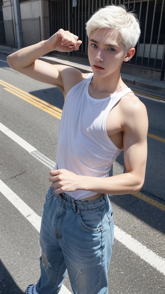 full body, ultra high resolution,tmasterpiece, (Realism:1.4, RAW photos, ASİAN, china boy, Bust photo, 1 boy, In the darkness of the night,Depth shadows,low pitch,cold light,Incredibly handsome,the detail, 18yr old,Emotionally rich,The face is clear, topless, muscle, wear white jockstrap underwaer, (jockstrap), thong,Male focus, Sky, outdoor, sky, Practical, Whole body, show abs, facelight,rays of sunshine,street in the afternoon,Colored bubbles proofreading
