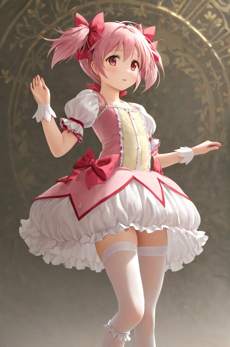 10 year old girl underwear,Madoka Kaname、Realistic bloomers made from patterned cotton fabric, Medieval one-piece dress with panniers, Fabric Realism, Low - Angle, I see bloomers, Pull up the dress by hand, Strong winds, Translucent slip, Translucent slip, tights, Highest quality, whole body