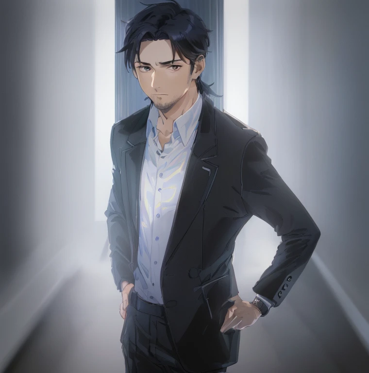((Highest quality)), ((masterpiece)), (detailed), ((One mature male))、(mature male)、(40-year-old male)、((A photo showing your thighs to the top of your head))、(Standing straight, facing the camera)、Black Hair、Short Hair、Iris、Bangs parted 7:3、Glaring expression、Black tailored jacket、Blue tie、White background