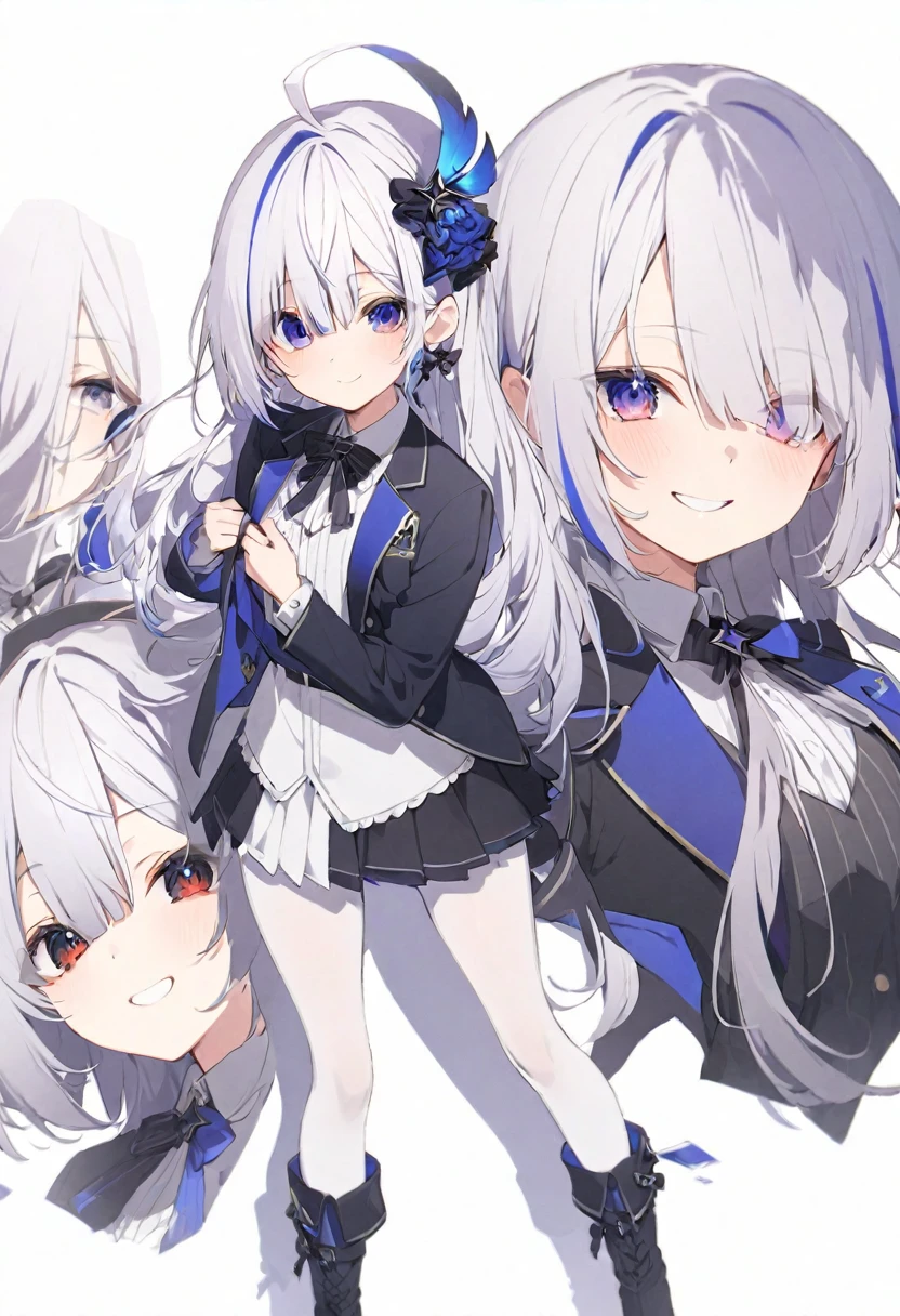 (muste piece), (best quality), (score_9, score_8_up, score_7_up), very detailed eyes, expressive eyes, perfect face, very detailed face, highly detailed face, beautiful girl, 8K, beautiful girl, white background, delicate and beautiful face and eyes, dark intense shadow, 
1 girl, vtuber style, cool girl, hololive, amane kanata, streaked hair,  Formal Blazer, Short skirt, small chest, one eye close winking, smile, ass visible through thighs, (full body), white pantyhose, standing, boots, 