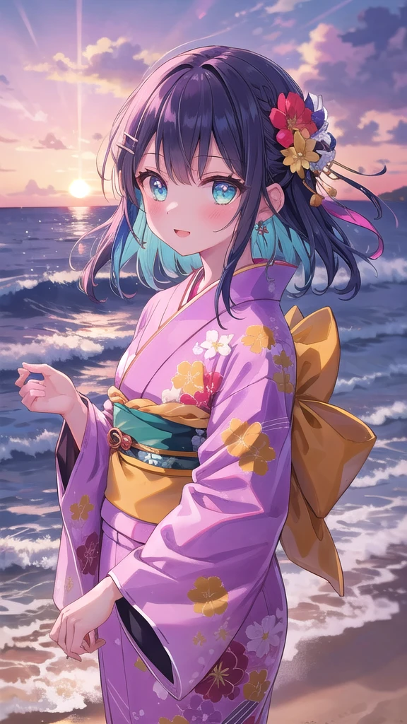 (8K, best quality, master piece: 1.2),super high resolution,1 girl, solo, cowboy shot ,ultra-detailed face, silme, Rainbow hair, thin hair clip, cyan colorshift eyes, expressive eyes, Ecstatic expression, Elegant kimono, silk, satin, red, gold, fan, Kanzashi hair ornament, Beach at sunset, orange, pink, purple, bright but with sunset shadows