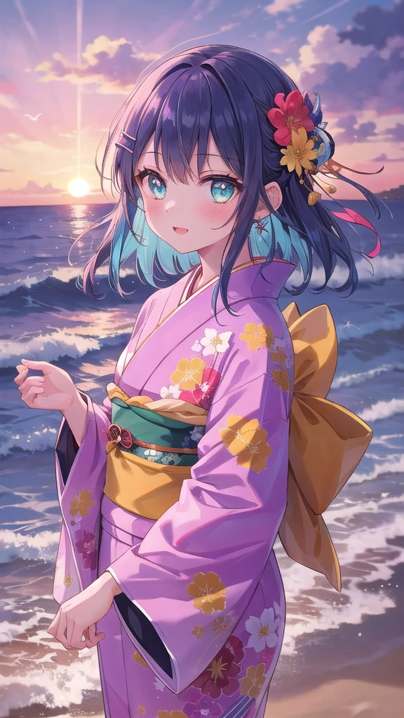 (8K, best quality, master piece: 1.2),super high resolution,1 girl, solo, cowboy shot ,ultra-detailed face, silme, Rainbow hair, thin hair clip, cyan colorshift eyes, expressive eyes, Ecstatic expression, Elegant kimono, silk, satin, red, gold, fan, Kanzashi hair ornament, Beach at sunset, orange, pink, purple, bright but with sunset shadows