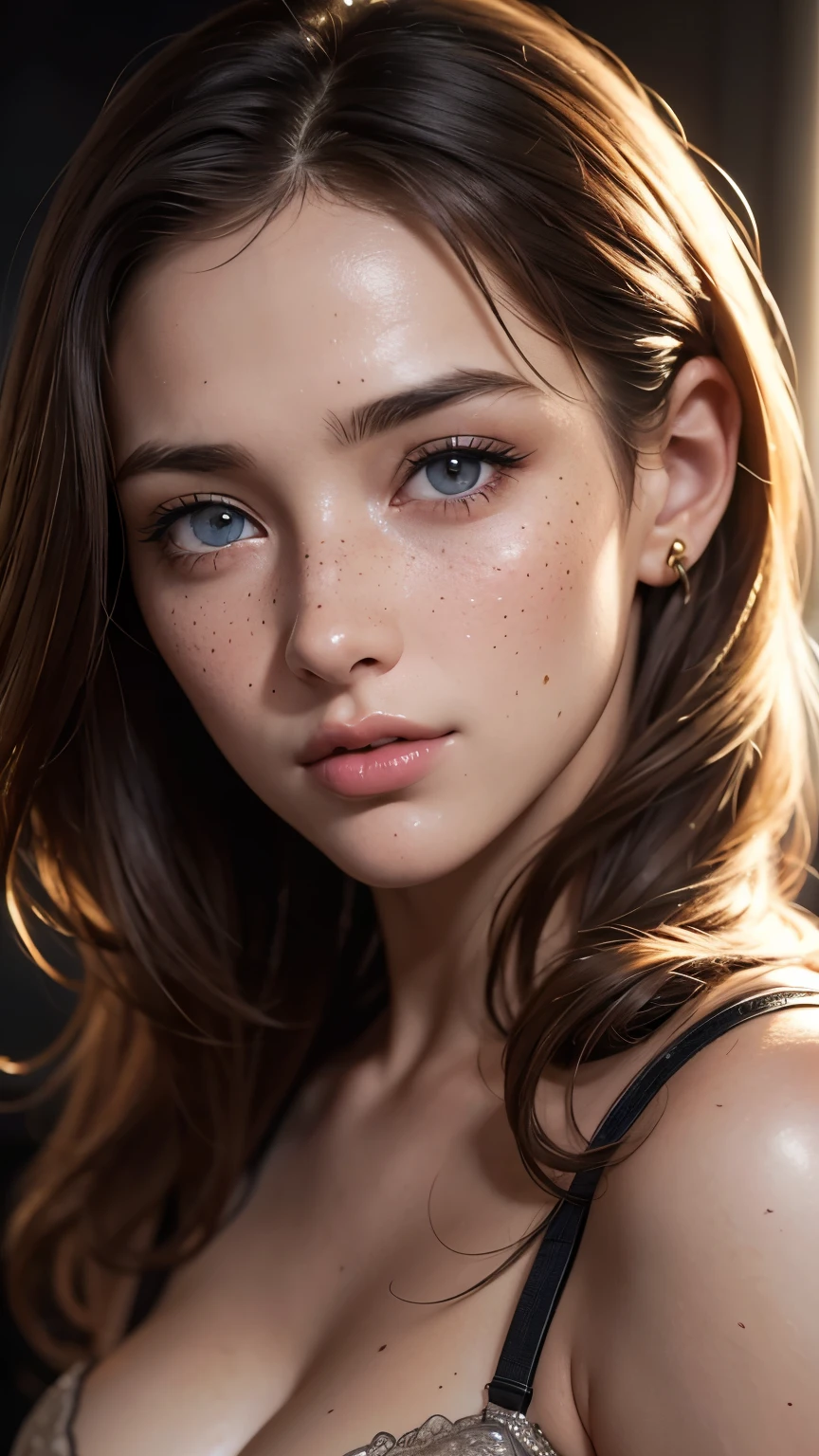 a young girl with freckles, cinematic lighting, highly detailed face, beautiful detailed eyes, beautiful detailed lips, extremely detailed face and features, long eyelashes, intricate skin texture, warm color palette, dramatic lighting, cinematic composition, high quality, 8k, photorealistic, intricate details, masterpiece, full body, sexy poses, bra and short 