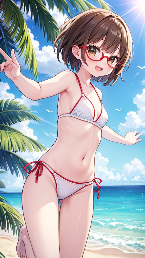 Jump、fun、smile、mischief、Expectations、surprise、Shyness、Sandy Beach、Midsummer、sun、Ocean、blue sky、Daytime、pretty girl , Shooting from below, One Girl, Brown Hair、Very short hairstyle, Brown eyes、Red frame glasses、A soft-looking body、White skin、White Bikini,Highest quality, 4K, 8k, High resolution, masterpiece:1.2, Very detailed, Realistic, photoRealistic, photo-Realistic:1.37, High resolution, 超High resolution, Studio Lighting, Ultra-Okay painting, Sharp focus, Physically Based Rendering, Very detailed説明, Professional, Vibrant colors, Bokeh