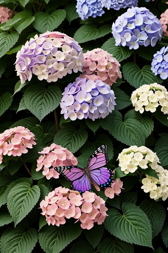 butterfly in cartoon hydrangea garden