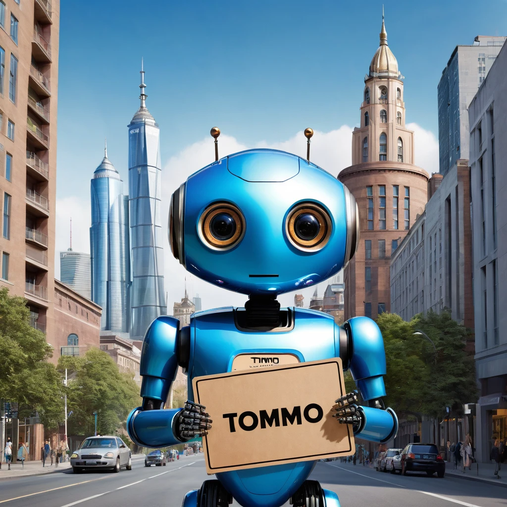 A charming hyperrealistic illustration of a robot with a friendly, human-like face. It's holding a cardboard sign that says "TOMMO" The robot has a sleek, metallic exterior with a hint of wear and tear, and its eyes are a warm, inviting shade of blue. The background showcases a city skyline, with a mix of futuristic and vintage architecture. A sense of whimsy and curiosity fills the scene.