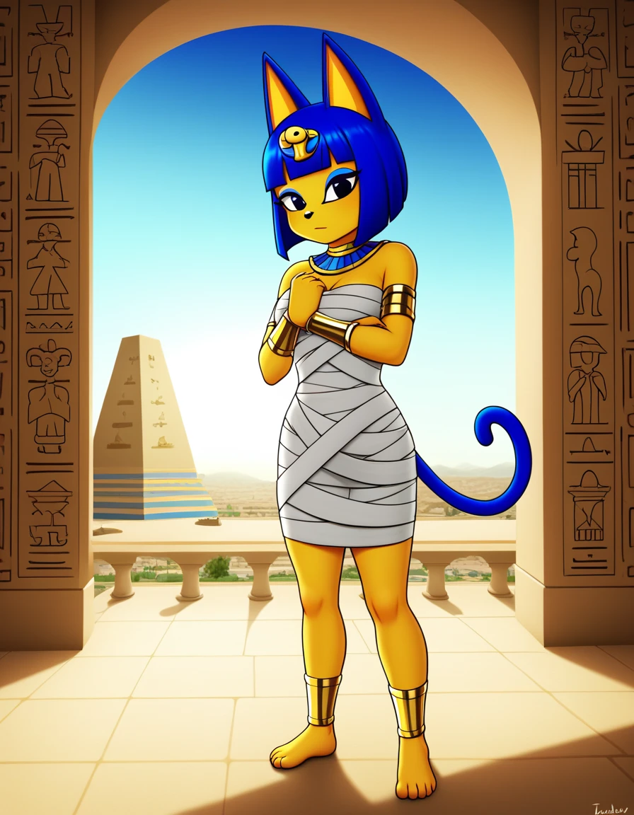 1girl，Artist Name，Egyptian cat，Blue Hair，skin，Keep your mouth shut，Wear，whole body，solo，Standing，猫Tail，Keep your mouth shut，Wear，Looking at the audience,Animal Crossing Furry, Blue Hair, Hair accessories, 黄skin, black eyes, White Dress, Tail, Egyptian Pyramids，mummy，Sunlight，sunny，(masterpiece), ((best quality), Detailed background, masterpiece, best quality, high quality, absurd, The award-winning, professional, Very detailed