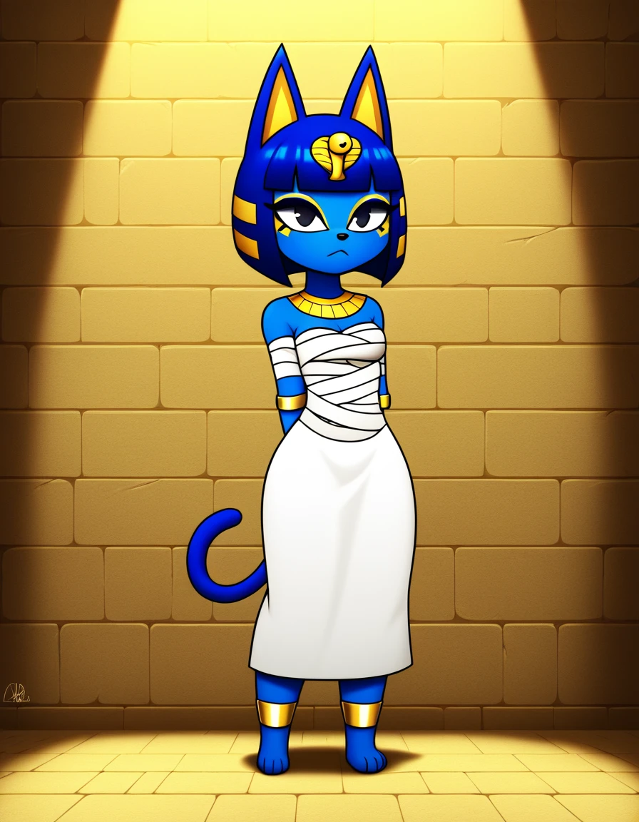 1girl，Artist Name，Egyptian cat，Blue Hair，skin，Keep your mouth shut，Wear，whole body，solo，Standing，猫Tail，Keep your mouth shut，Wear，Looking at the audience,Animal Crossing Furry, Blue Hair, Hair accessories, 黄skin, black eyes, White Dress, Tail, Egyptian Pyramids，mummy，Sunlight，sunny，(masterpiece), ((best quality), Detailed background, masterpiece, best quality, high quality, absurd, The award-winning, professional, Very detailed