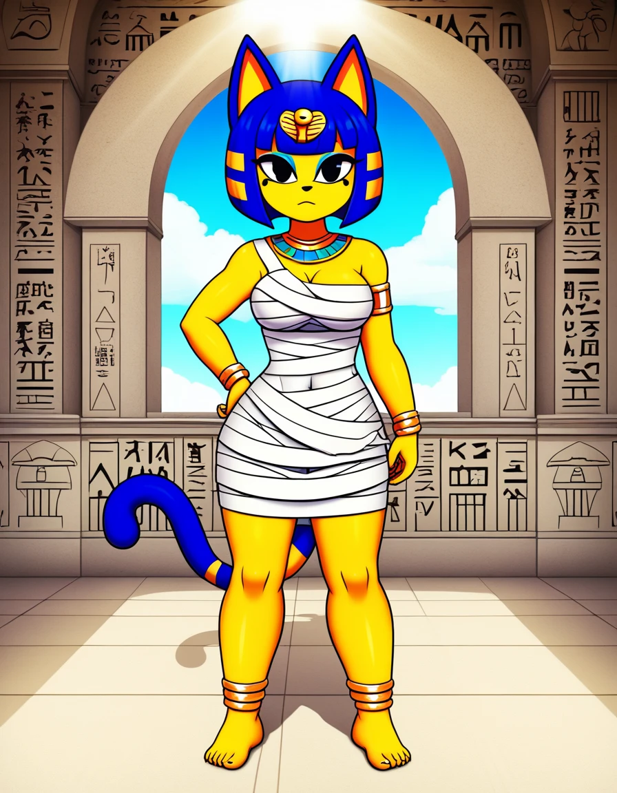 1girl，Artist Name，Egyptian cat，Blue Hair，skin，Keep your mouth shut，Wear，whole body，solo，Standing，猫Tail，Keep your mouth shut，Wear，Looking at the audience,Animal Crossing Furry, Blue Hair, Hair accessories, 黄skin, black eyes, White Dress, Tail, Egyptian Pyramids，mummy，Sunlight，sunny，(masterpiece), ((best quality), Detailed background, masterpiece, best quality, high quality, absurd, The award-winning, professional, Very detailed