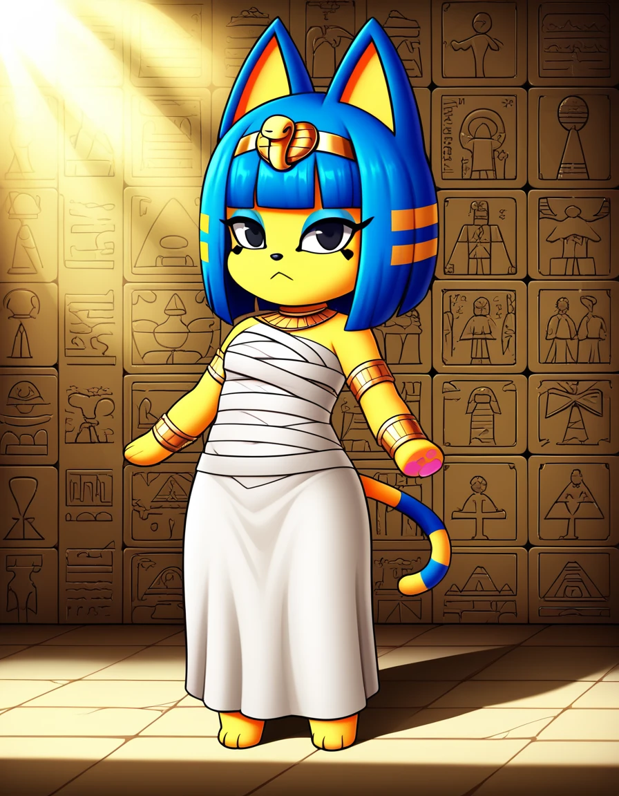 1girl，Artist Name，Egyptian cat，Blue Hair，skin，Keep your mouth shut，Wear，whole body，solo，Standing，猫Tail，Keep your mouth shut，Wear，Looking at the audience,Animal Crossing Furry, Blue Hair, Hair accessories, 黄skin, black eyes, White Dress, Tail, Egyptian Pyramids，mummy，Sunlight，sunny，(masterpiece), ((best quality), Detailed background, masterpiece, best quality, high quality, absurd, The award-winning, professional, Very detailed