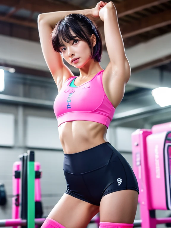 Best quality 8k resolution Ultra detailed Bright neon pink competition sportswear Serious facial expression Cute girl Abs Arms up Very short hair High waisted tights Flat chest Japanese Sharp focus Track and field club Very short hair 27 years old Sweating