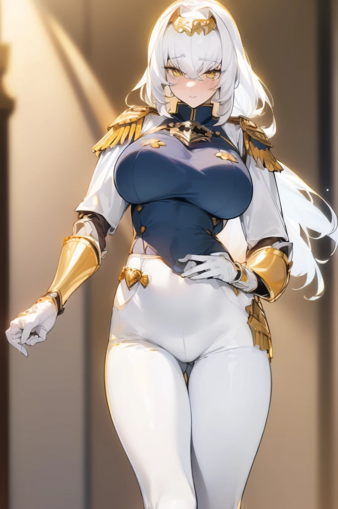 {masterpiece, distinct_image, extremely detailed CG, (extremely detailed fine touch:1.2),beautiful eyes and detailed face, (white_light, light rays, dappled light, ray tracing:1.2), photo realistic, 4k, 8k, high_resolution, (perfect_finger:1.5), (beautiful_detailed_eyes:1.3), glitter, white_light, (glow_white_face, front_light:1.3),{1girl, face_focus, looking for_in_viewer, cowboy_shot, standing},{adult,curvy, (huge_breasts, wide_hip:1.3),thigh_gap, groin, narrow waist, skinny stomach,(knight uniform for women, white gloves, golden epaulettes, Image of knight's uniform: color block design with white chest and navy waist, white bottoms:1.7),(white hair, long hair, yellow eyes, bangs:1.3)}
