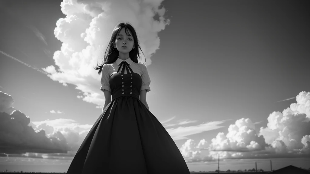 masterpiece, best quality, monochrome, 1girl, blurry, sky