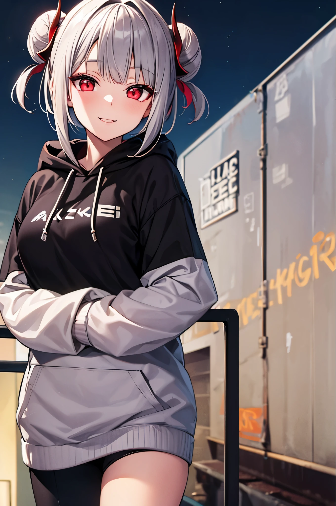 Detailed Background, masterpiece, Highest quality, smile, Nakiri Ayame, Striped Hair, Demon Horns, Gray Hair, twin bun, Red eyes, smile, hoodie, Portraiture, neon, graffiti, dark, night, Glowing Eyes, Black light