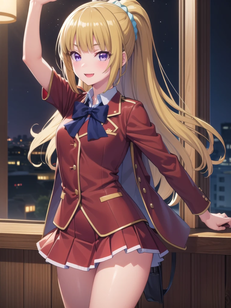 keikaruizawa, kei karuizawa, Long Hair, bangs, blunt bangs, (Purple eyes:1.1), Blonde, shirt, hair ornaments, ponytail, Scrunchie, blue Scrunchie, smile, break skirt, shirt, bow, , Jacket, (red Jacket:1.2), Pleated skirt, bowtie, sweater, (blue bow:1.2), (blue shirt:1.2), break looking at viewer, (Cowboy Shot:1.5), break (masterpiece:1.2), Highest quality, High resolution, unity 8k wallpaper, (figure:0.8), (Beautiful attention to detail:1.6), Highly detailed face, Perfect lighting, Highly detailed CG, (Perfect hands, Perfect Anatomy), , (3D Face:1.1), (Shiny skin:1.5), (超High resolution intricate face details), (Facial skin pores:1.3), 超High resolution cloth texture, 大きなsmile、Blushing、Open your mouth, Showing off her perfect legs, Swayback stance:1.5, armpit:1.6, arms behind back, mansion bedroom, In the middle of the night, Moonlight, Sitting on the bed