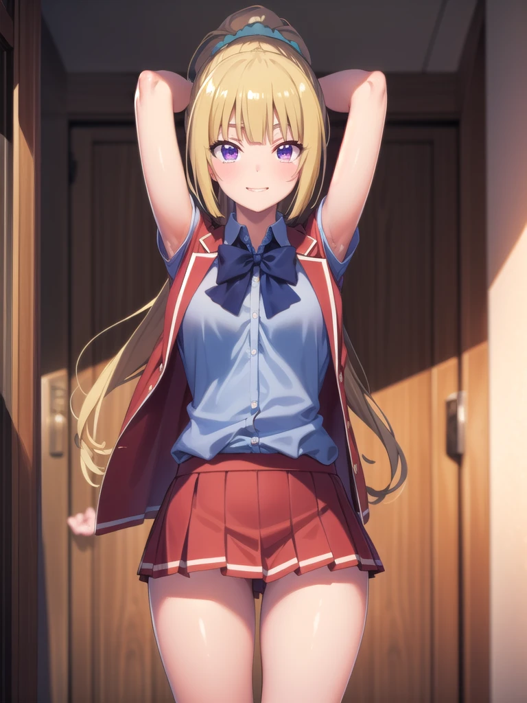 keikaruizawa, kei karuizawa, Long Hair, bangs, blunt bangs, (Purple eyes:1.1), Blonde, shirt, hair ornaments, ponytail, Scrunchie, blue Scrunchie, smile, break skirt, shirt, bow, , Jacket, (red Jacket:1.2), Pleated skirt, bowtie, sweater, (blue bow:1.2), (blue shirt:1.2), break looking at viewer, (Cowboy Shot:1.5), break (masterpiece:1.2), Highest quality, High resolution, unity 8k wallpaper, (figure:0.8), (Beautiful attention to detail:1.6), Highly detailed face, Perfect lighting, Highly detailed CG, (Perfect hands, Perfect Anatomy), , (3D Face:1.1), (Shiny skin:1.5), (超High resolution intricate face details), (Facial skin pores:1.3), 超High resolution cloth texture, 大きなsmile、Blushing、Open your mouth, Showing off her perfect legs, Swayback stance:1.5, armpit:1.6, arms behind back, mansion bedroom, In the middle of the night, Moonlight, Sitting on the bed