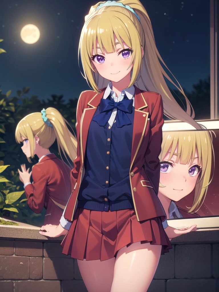keikaruizawa, kei karuizawa, Long Hair, bangs, blunt bangs, (Purple eyes:1.1), Blonde, shirt, hair ornaments, ponytail, Scrunchie, blue Scrunchie, smile, break skirt, shirt, bow, , Jacket, (red Jacket:1.2), Pleated skirt, bowtie, sweater, (blue bow:1.2), (blue shirt:1.2), break looking at viewer, (Cowboy Shot:1.5), break (masterpiece:1.2), Highest quality, High resolution, unity 8k wallpaper, (figure:0.8), (Beautiful attention to detail:1.6), Highly detailed face, Perfect lighting, Highly detailed CG, (Perfect hands, Perfect Anatomy), , (3D Face:1.1), (Shiny skin:1.5), (超High resolution intricate face details), (Facial skin pores:1.3), 超High resolution cloth texture, 大きなsmile、Blushing、Open your mouth, Showing off her perfect legs, Swayback stance:1.5, armpit:1.6, arms behind back, mansion bedroom, In the middle of the night, Moonlight, Sitting on the bed