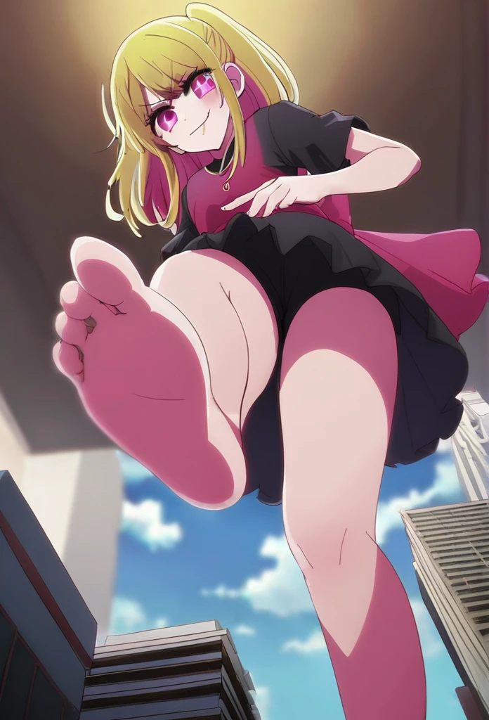 1 girl, oshi no ko, ruby hoshino, stepping,(pov from below:1.3), stepped on, pov, low angle, no shoes, feet, looking down, toes, one foot out of frame, leg lift, foot focus, barefoot, standing on one leg, depth of field, outdoors,( foreshortening:1.2), facial blur, blurry face, building, city, sky, cloud, giantess, mega size, masterpiece, best quality, absurdres, ultra detailed, smirking, glaring, blonde,
