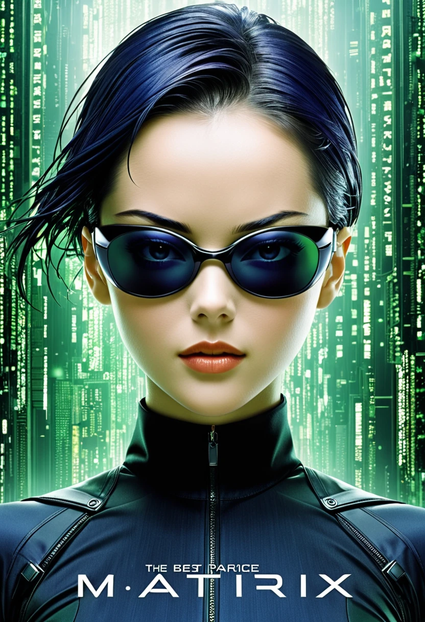 (masterpiece, best quality,ultra highres), (movie poster art,title  of "the matrix"),In the center of the poster,heroine girl in posing,(yo,(darkblue wavy-short hair),thick eyebrows,middle small breasts),(wearing "trinity" costume),black cyber eyewear,