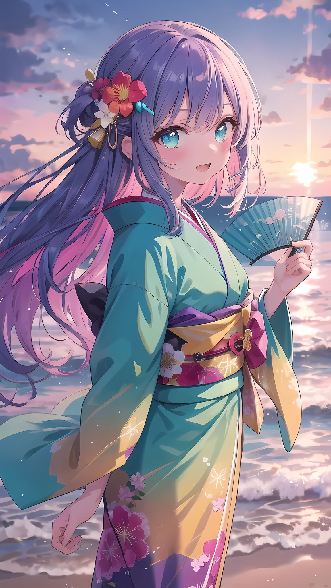 (8K, best quality, master piece: 1.2),super high resolution,1 girl, solo, cowboy shot ,ultra-detailed face, silme, Rainbow hair, thin hair clip, cyan colorshift eyes, expressive eyes, Ecstatic expression, Elegant kimono, silk, satin, red, gold, fan, Kanzashi hair ornament, Beach at sunset, orange, pink, purple, bright but with sunset shadows