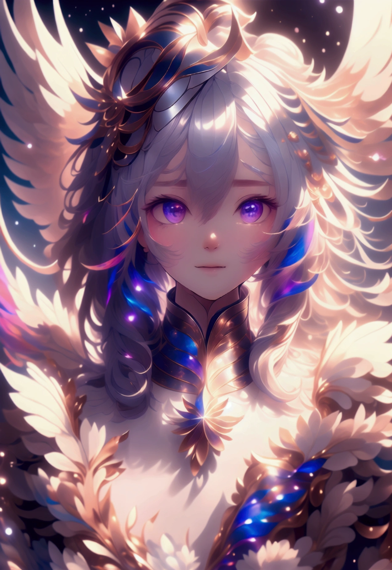 ((masterpiece)), ((Highest quality)), ((High resolution)), ((Highly detailed CG Unity 8k wallpaper)), alone, Tachibana Sonata, Facial beauty, Hanging hair, Parted hair, Silver Hair、Seriously an angel、Fantasy、Sky World、High-dimensional space、Colorful background、gorgeous