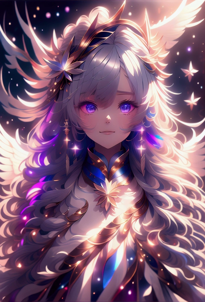 ((masterpiece)), ((Highest quality)), ((High resolution)), ((Highly detailed CG Unity 8k wallpaper)), alone, Tachibana Sonata, Facial beauty, Hanging hair, Parted hair, Silver Hair、Seriously an angel、Fantasy、Sky World、High-dimensional space、Colorful background、gorgeous