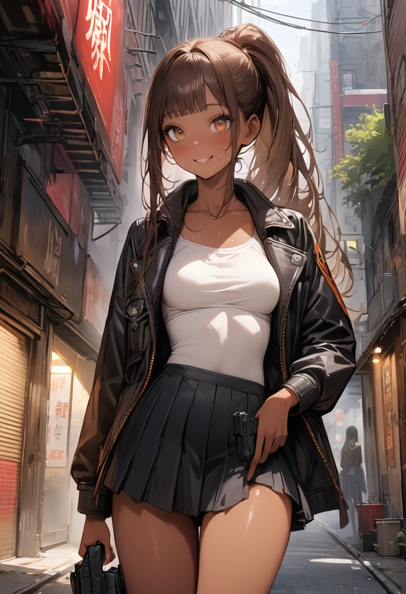 ((masterpiece,Highest quality:1.3,best quality illustration)),(realistic),cowboy shot,独奏,1woman,25 year old beauty,brown hair,ponytail hair,long hair,bangs,brown eyes,(gorgeous big eyes),((very small head:1.3)),smile,((very long body:1.2,skinny)),((tan skin:1.4)),medium breasts,Black leather double rider jacket、White tube top shirt、Black pleated skirt、Leg Holster、Holding a handgun in your hand,sweat:1.3,gleaming skin,slender body,Back Alley、New York City,