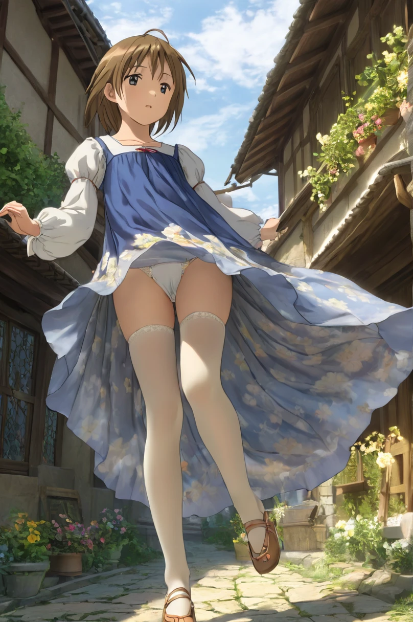 10 year old girl underwear, Akeno Miho、Realistic bloomers made from patterned cotton fabric, Medieval one-piece dress with panniers, Fabric Realism, Low - Angle, I see bloomers, Pull up the dress by hand, Strong winds, Translucent slip, Translucent slip, tights, Highest quality, whole body