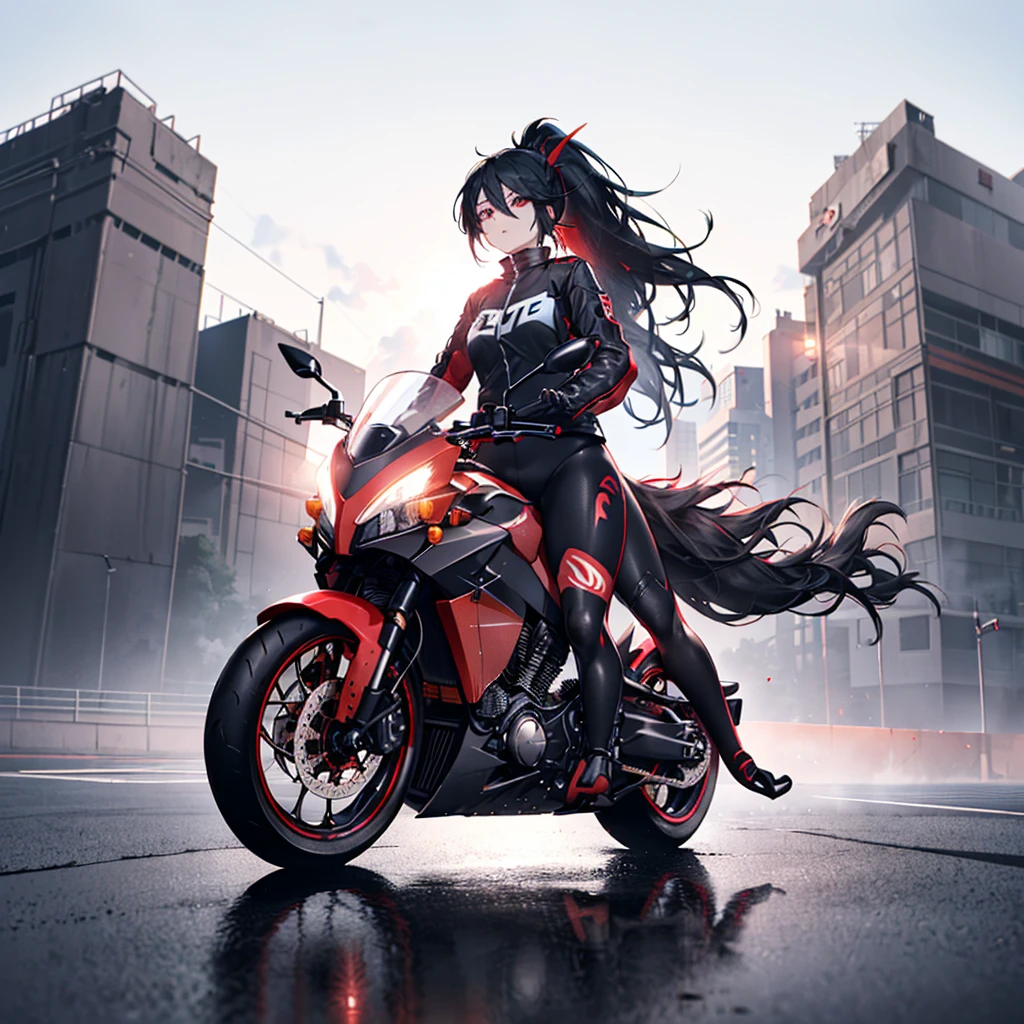 ((((Female rider、forward leaning posture　Full Body Tights、Black　Red Motorcycle、get on))))　(((Black Hair、ponytail、Blowing in the Wind　Bright red eyes)))　((Expressway、Light、Light))　Shining Edge　Shining Background